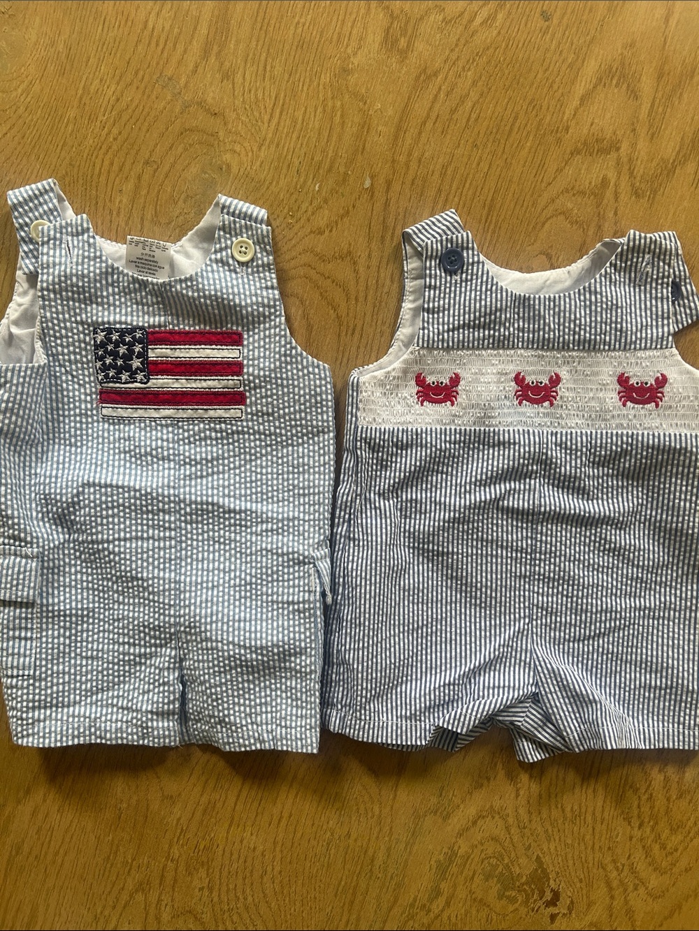 Ralph Lauren Blue & White Seersucker Baby Shortalls with Red Accents